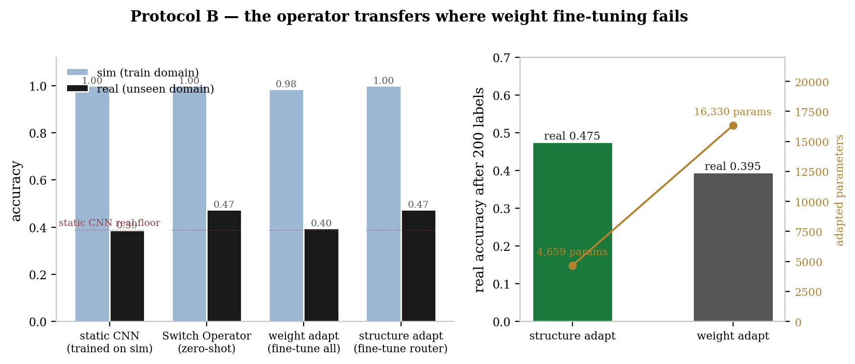 Protocol B: structure adaptation transfers where weight adaptation fails