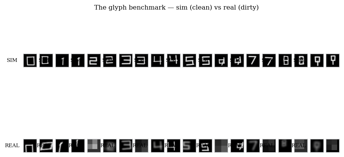 The glyph benchmark: the same digits 0-9 rendered clean (sim, top) and sensor-corrupted (real, bottom)